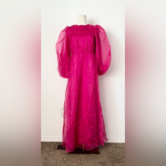 VEILED NWT Silk Organza Balloon Sleeve A-Line Maxi Dress Sz Small Short Hot Pink - Picture 4 of 9